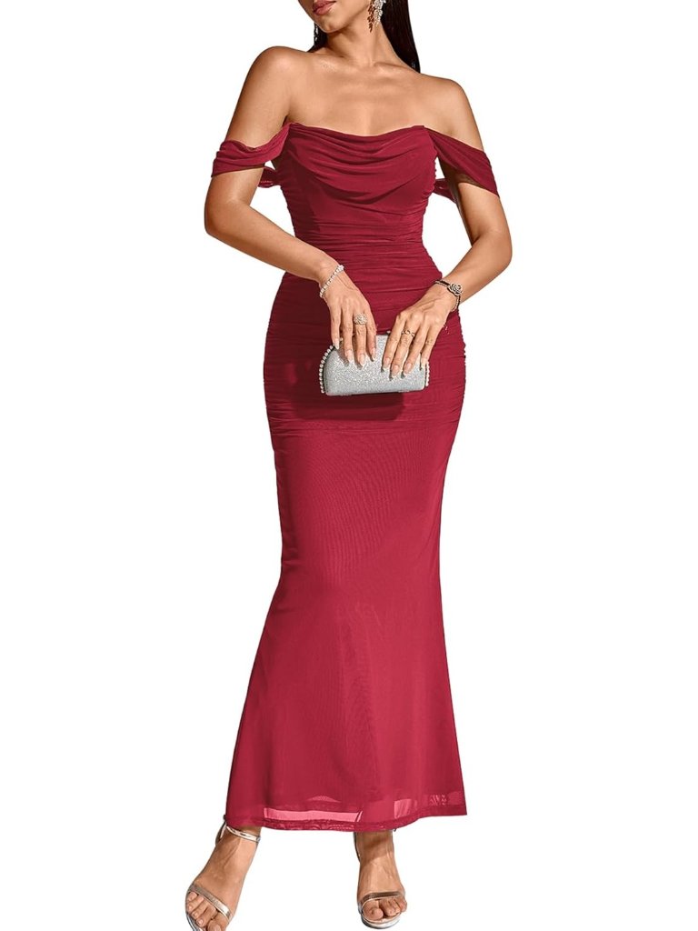 Women's Wine Corset Ruched Off The Shoulder Bodycon Cocktail Maxi Dress